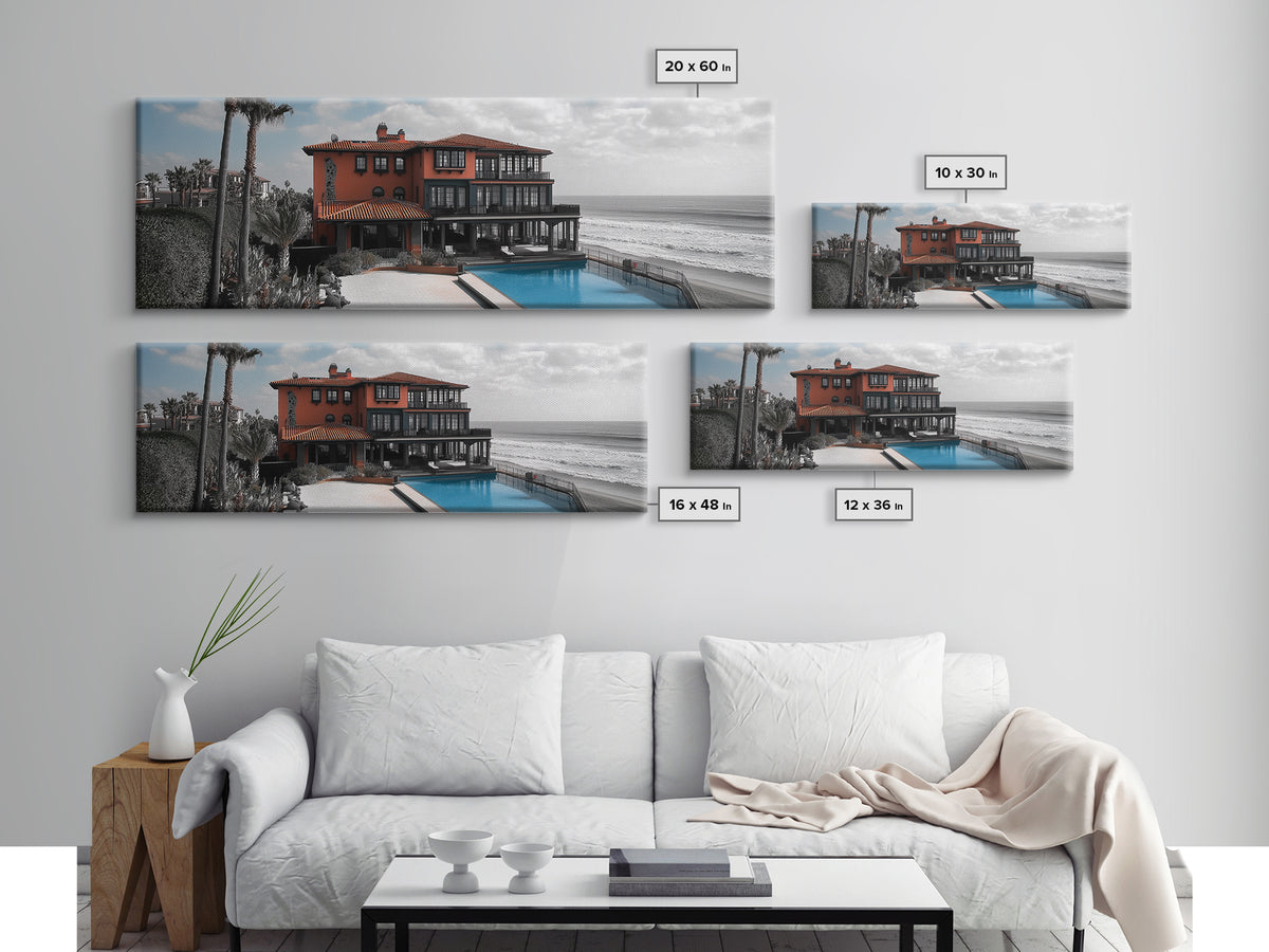 Coastal Villa, Ocean View, Infinity Pool, Sunset Escape, Framed Canvas Print, Beach House Decor, Mediterranean Art, Living Room Wall Art