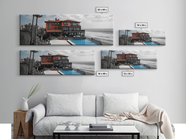 Coastal Villa, Ocean View, Infinity Pool, Sunset Escape, Framed Canvas Print, Beach House Decor, Mediterranean Art, Living Room Wall Art