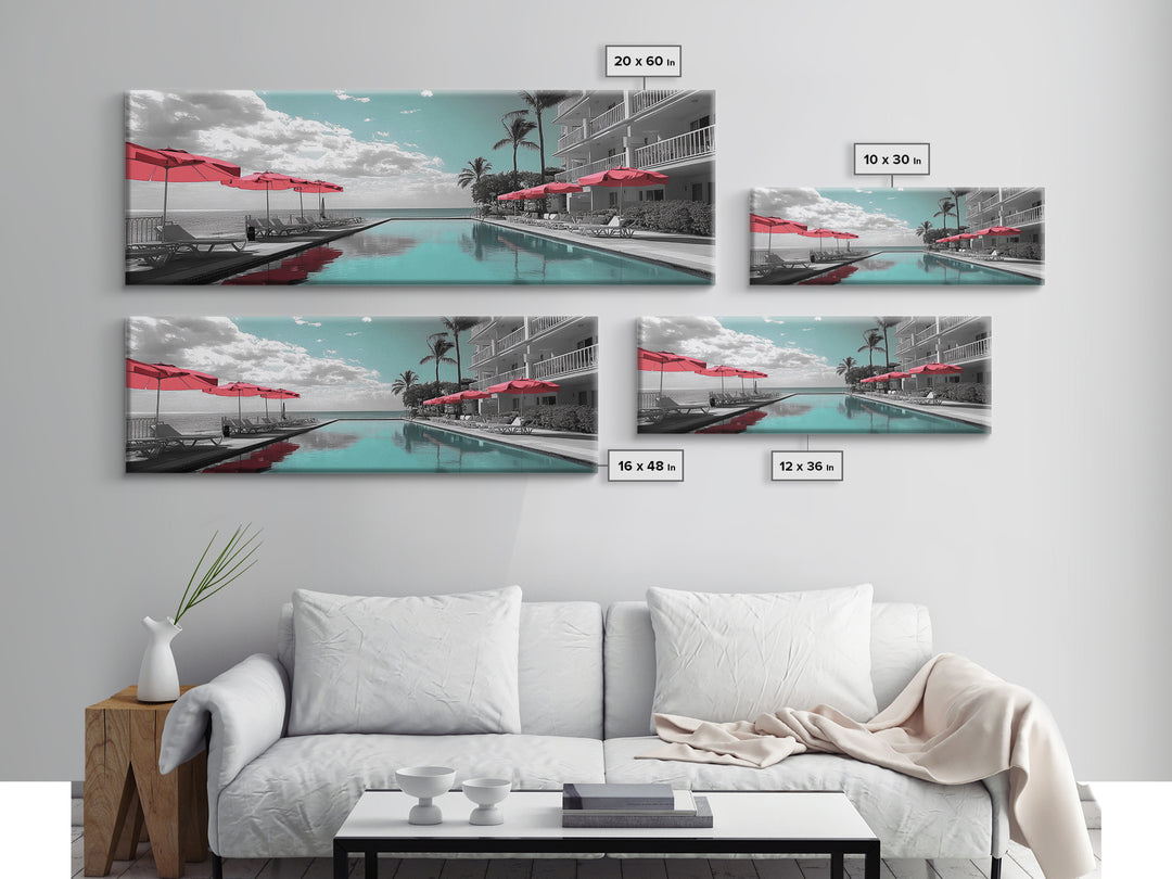 Poolside Escape, Beach Umbrellas, Luxury Retreat, Modern Resort, Framed Canvas Print, Vacation Vibes, Coastal Living, Bedroom Wall Art