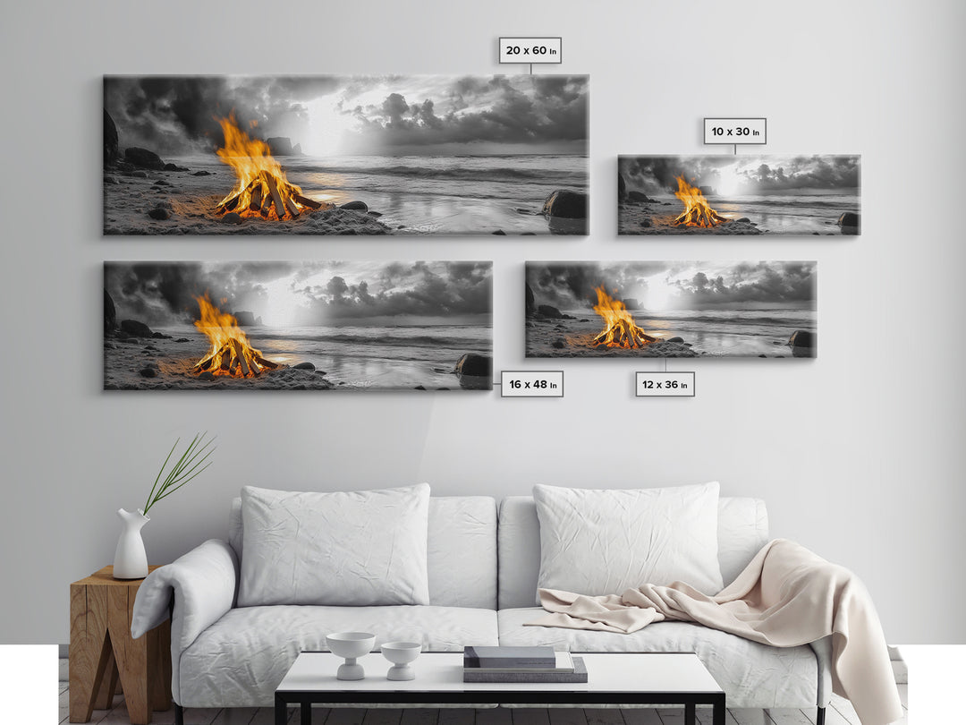 Beach Bonfire Glow, Autumn Coastal Scene, Campfire Photography, Canvas Print, Rustic Living Room or Cabin Wall Art, Fall Decor