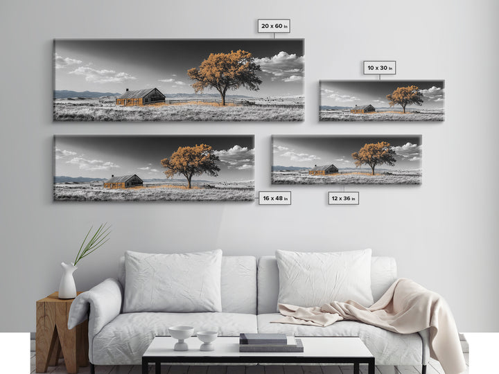 Prairie Cabin, Golden Tree, Rural Landscape, Open Sky, Framed Canvas Print, Country Decor, Farmhouse Wall Art, Rustic Bedroom Style