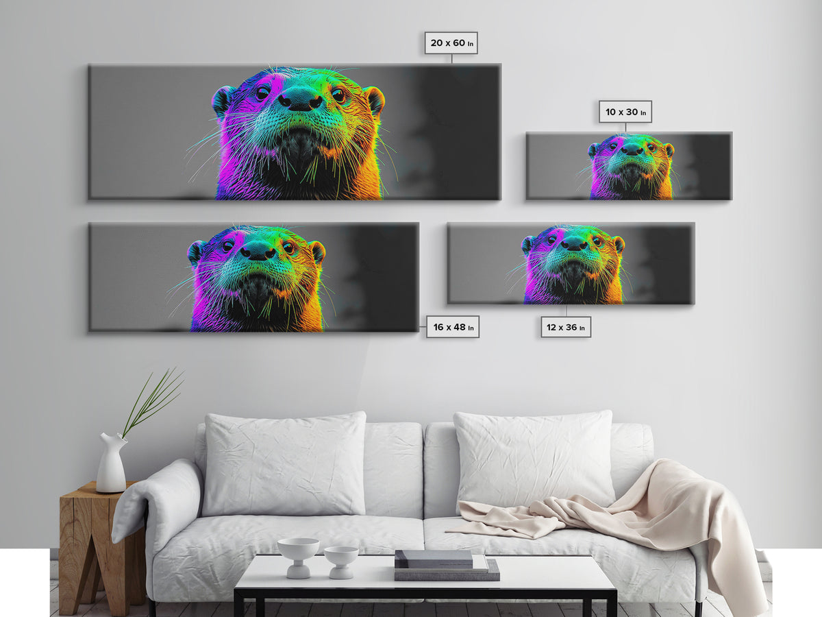 Neon Otter, Rainbow Wildlife, Pop Art Animal, Colorful Creature, Framed Canvas Print, Modern Animal Art, Teen Room Decor, Eclectic Wall Art
