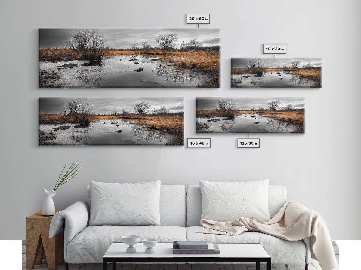 Marshland Autumn, Nature Landscape, Golden Hour Swamp View, Framed Canvas Print, Rustic Fall Home Decor, Entryway or Office Wall Art