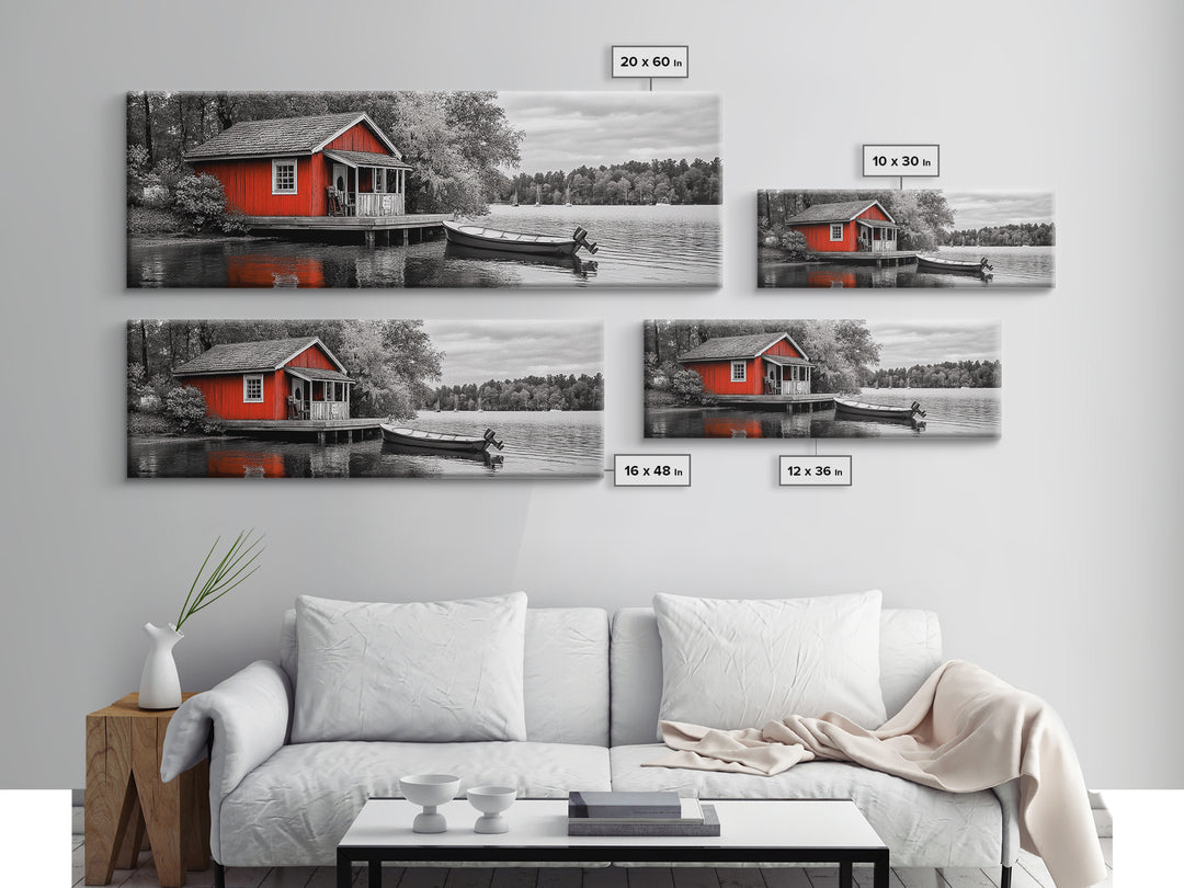 Lakeside Cabin Red, Boat House Retreat, Serene Waterfront, Autumn Color Pop, Canvas Print, Cozy Living Room Wall Art, Nature Home Decor