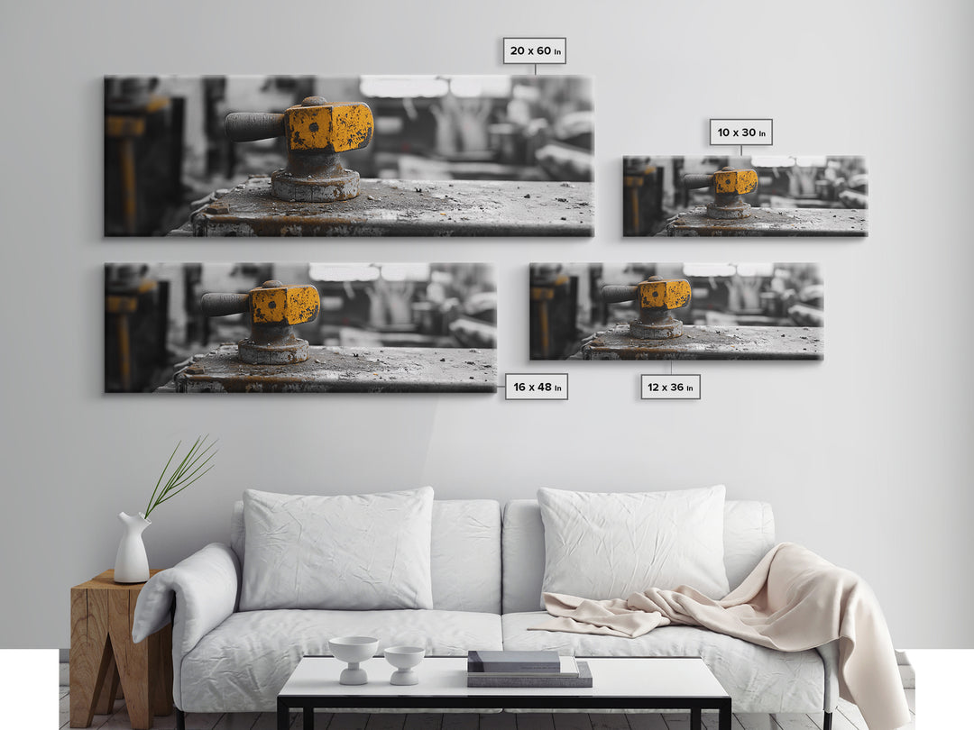 Yellow Metal Lever, Industrial Machine Detail, Workshop Photography, Gritty Rustic Vibe, Canvas Print, Garage Wall Art, Urban Loft Decor