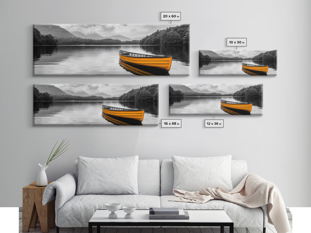 Golden Canoe, Lake Reflection, Tranquil Water, Adventure Scene, Canvas Print, Minimalist Wall Art, Bedroom Landscape, Cabin Decor