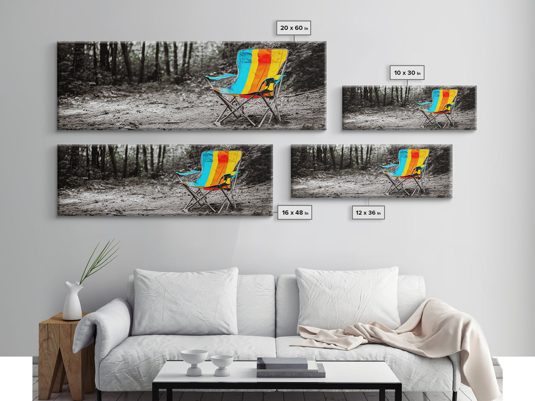 Camping Chair, Forest Trail, Boho Vibes, Outdoor Escape, Framed Canvas Print, Playful Wall Art, Kids Room Decor, Nature Adventure Style