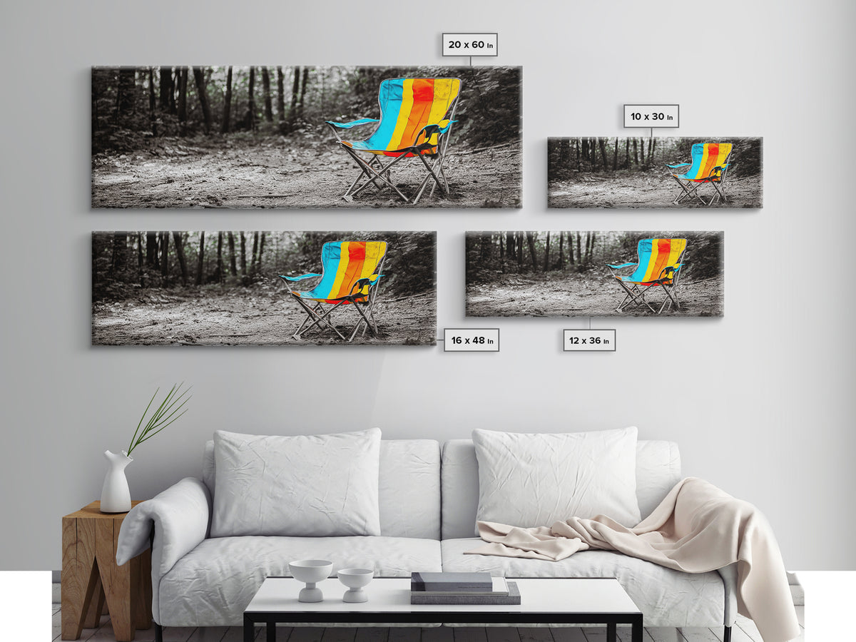 Camping Chair, Forest Trail, Boho Vibes, Outdoor Escape, Framed Canvas Print, Playful Wall Art, Kids Room Decor, Nature Adventure Style