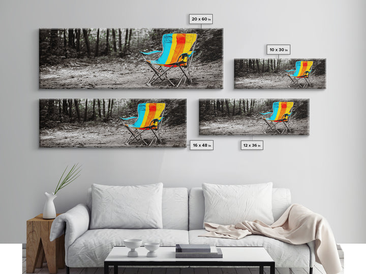 Camping Chair, Forest Trail, Boho Vibes, Outdoor Escape, Framed Canvas Print, Playful Wall Art, Kids Room Decor, Nature Adventure Style