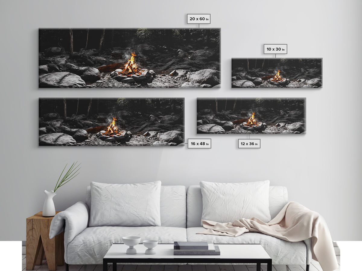 Stone Circle, Night Fire, Forest Blaze, Cozy Gathering, Canvas Print, Wilderness Wall Art, Fall Camping Decor, Rustic Cabin Style
