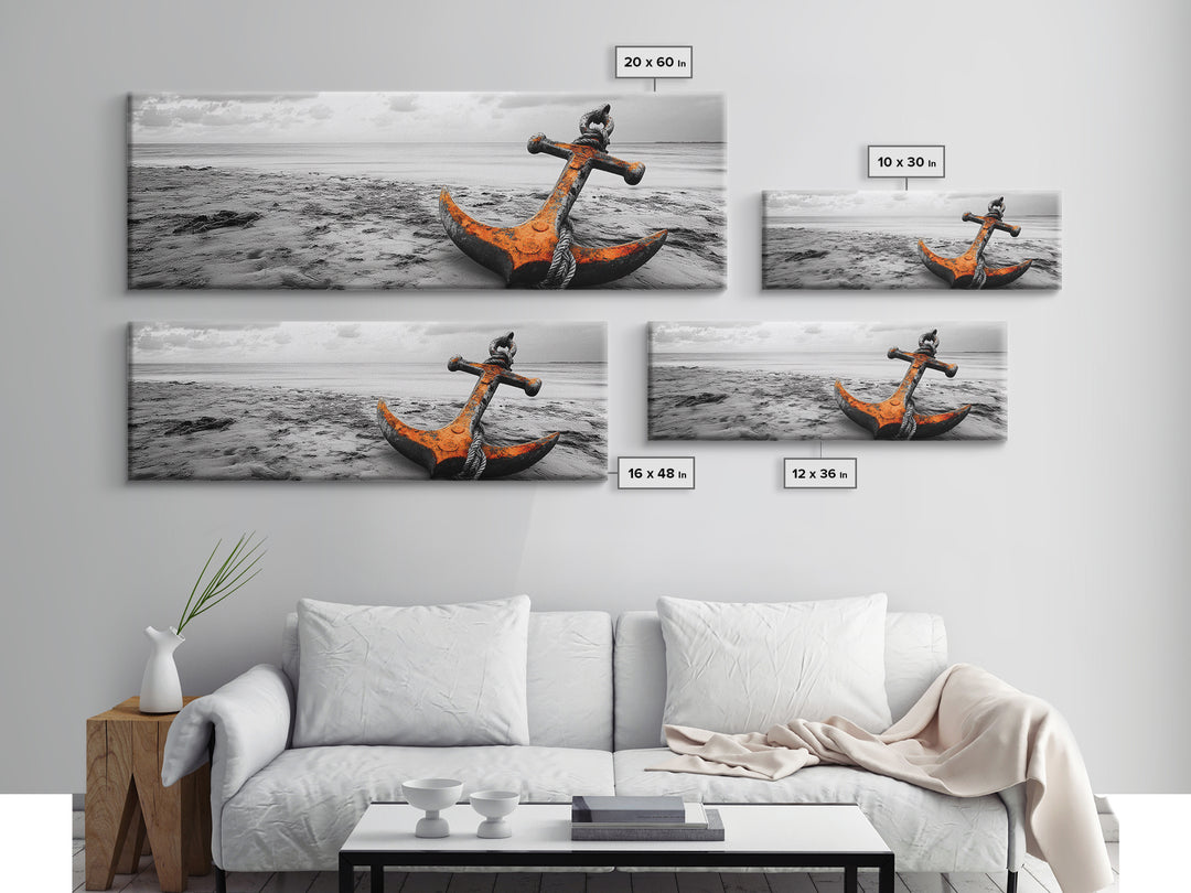 Rusted Anchor, Coastal Decay, Ocean Shore, Nautical Minimalism, Framed Canvas Print, Beach House Wall Art, Bathroom Wall Decor