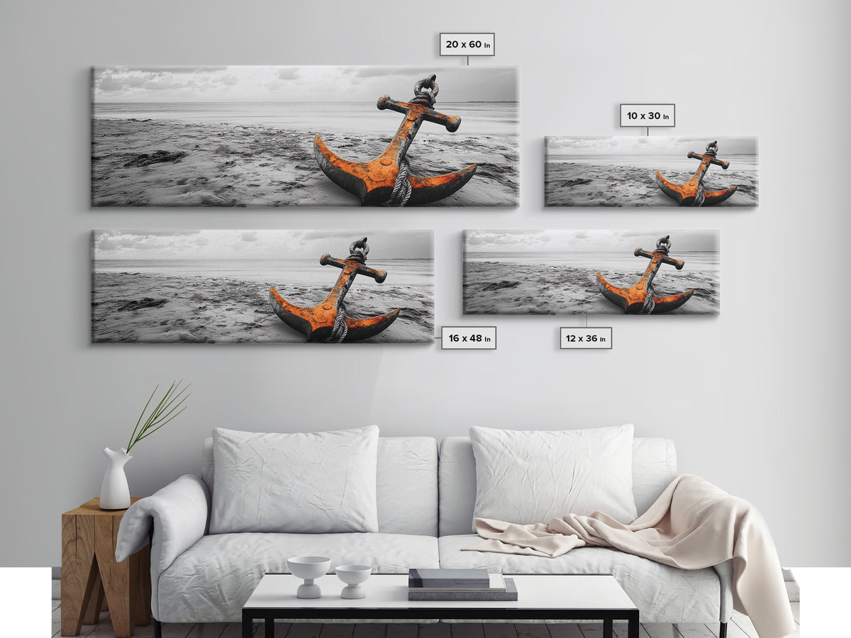 Rusted Anchor, Coastal Decay, Ocean Shore, Nautical Minimalism, Framed Canvas Print, Beach House Wall Art, Bathroom Wall Decor