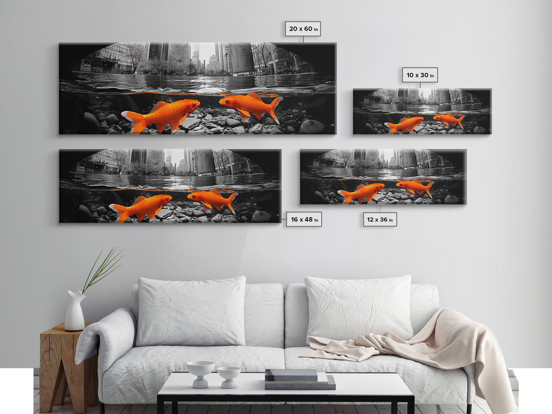 City Meets Nature, Urban Fish, Goldfish Art, Surreal Street Scene, Framed Canvas Print, Quirky Kitchen Wall Art, Modern Whimsical Decor