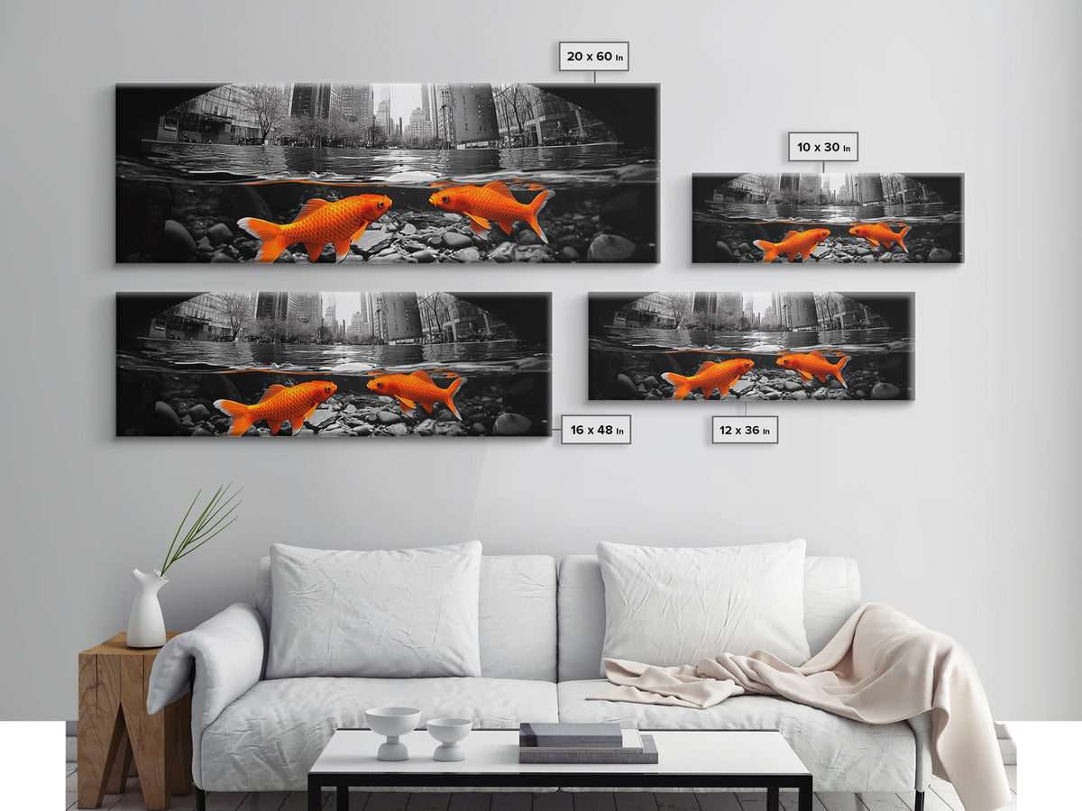 City Meets Nature, Urban Fish, Goldfish Art, Surreal Street Scene, Framed Canvas Print, Quirky Kitchen Wall Art, Modern Whimsical Decor