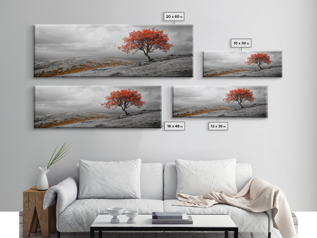 Red Tree, Hilltop Vista, Fall Landscape, Vibrant Nature, Framed Canvas Print, Autumn Wall Art, Living Room Nature Photography