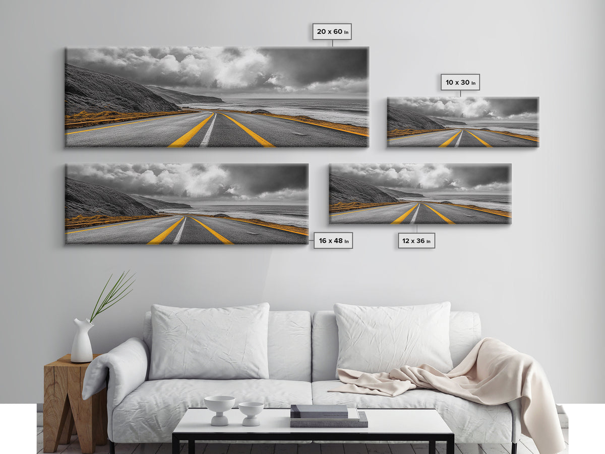 Coastal Highway Drive, Scenic Ocean Road, Stormy Sky Vibes, Framed Canvas Print, Modern Wall Art, Office Decor, Monochrome Landscape