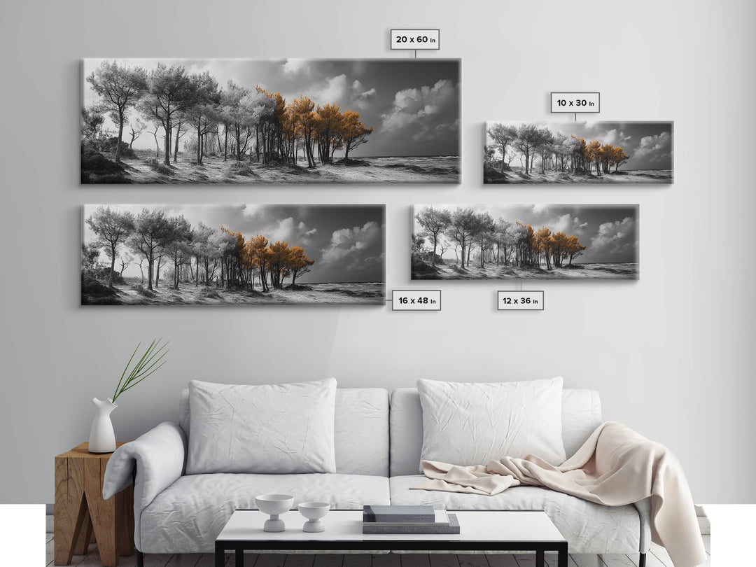 Autumn Forest Trees, Windswept Pine Grove, Beachside View, Framed Canvas Print, Fall Wall Art, Entryway Decor, Minimalist Style