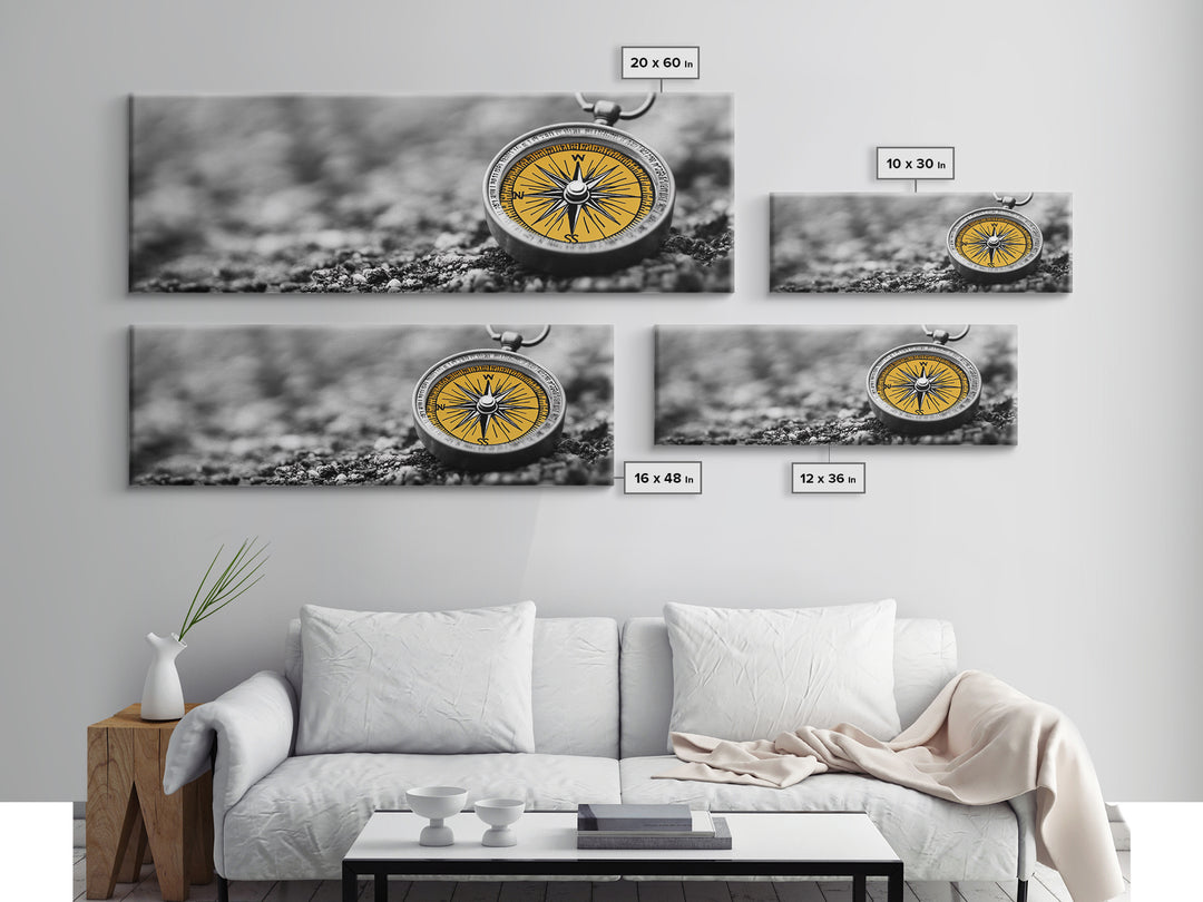 Golden Compass Closeup, Adventure Exploration Theme, Vintage Nautical Design, Framed Canvas Print, Office Wall Art, Travel Lover Gift