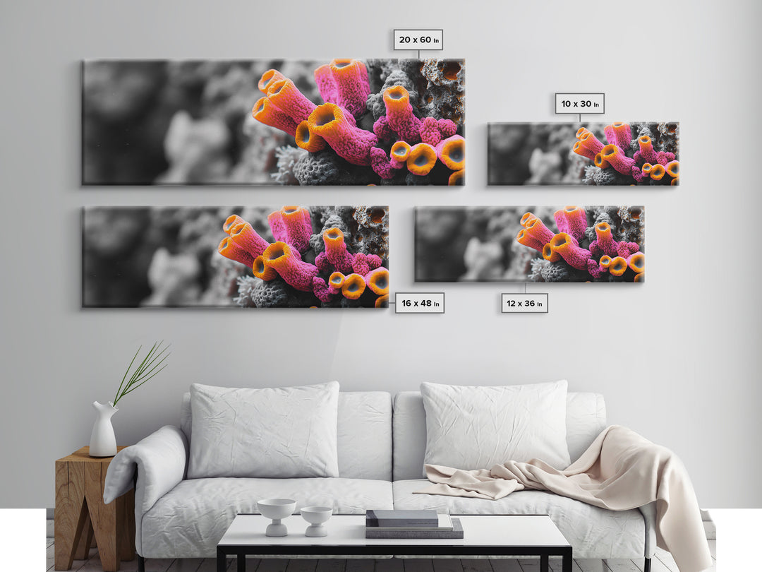 Neon Coral Closeup, Vibrant Underwater Detail, Oceanic Texture Wall Art, Framed Canvas Print, Bathroom Decor, Coastal Modern Style