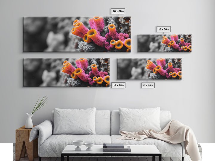 Neon Coral Closeup, Vibrant Underwater Detail, Oceanic Texture Wall Art, Framed Canvas Print, Bathroom Decor, Coastal Modern Style