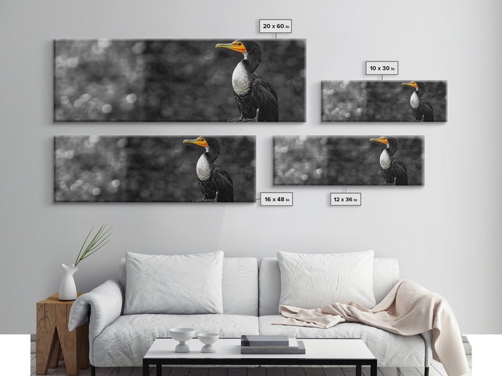 Black White Bird, Orange Beak Detail, Minimal Nature Portrait, Framed Canvas Print, Rustic Wall Art, Study or Cabin Decor