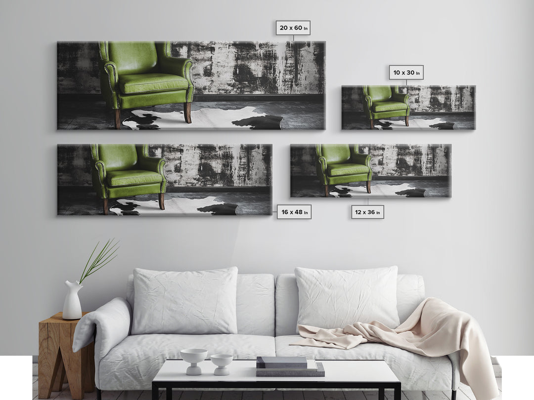 Green Leather Chair, Industrial Urban Scene, Chic Lounge Interior, Framed Canvas Print, Modern Wall Art, Man Cave Office Decor