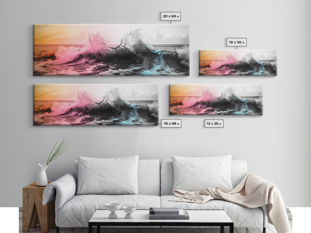 Crashing Ocean Wave, Pastel Color Splash, Moody Coastal Storm, Framed Canvas Print, Bathroom Wall Art, Surfer Beach Vibes