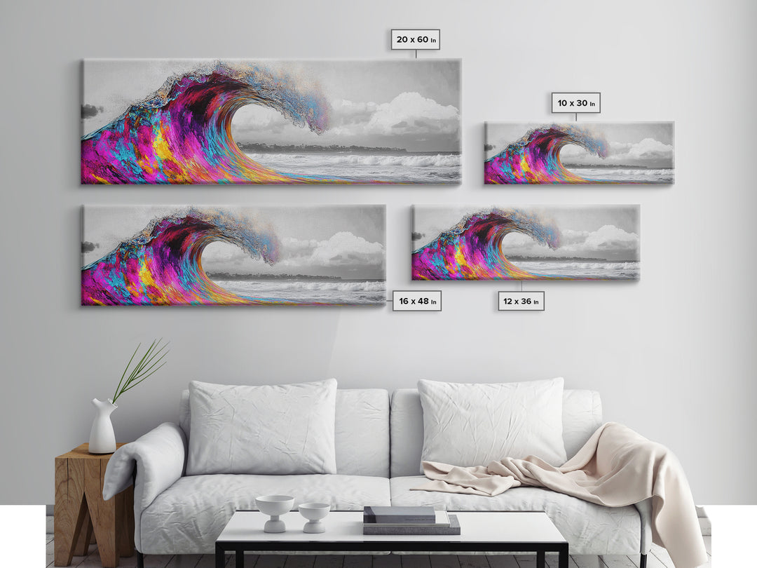 Rainbow Wave Curl, Surf Art Explosion, Vibrant Ocean Energy, Framed Canvas Print, Beach House Decor, Colorful Coastal Wall Art