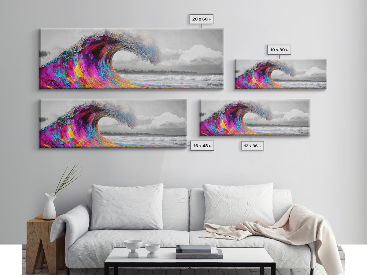 Rainbow Wave Curl, Surf Art Explosion, Vibrant Ocean Energy, Framed Canvas Print, Beach House Decor, Colorful Coastal Wall Art