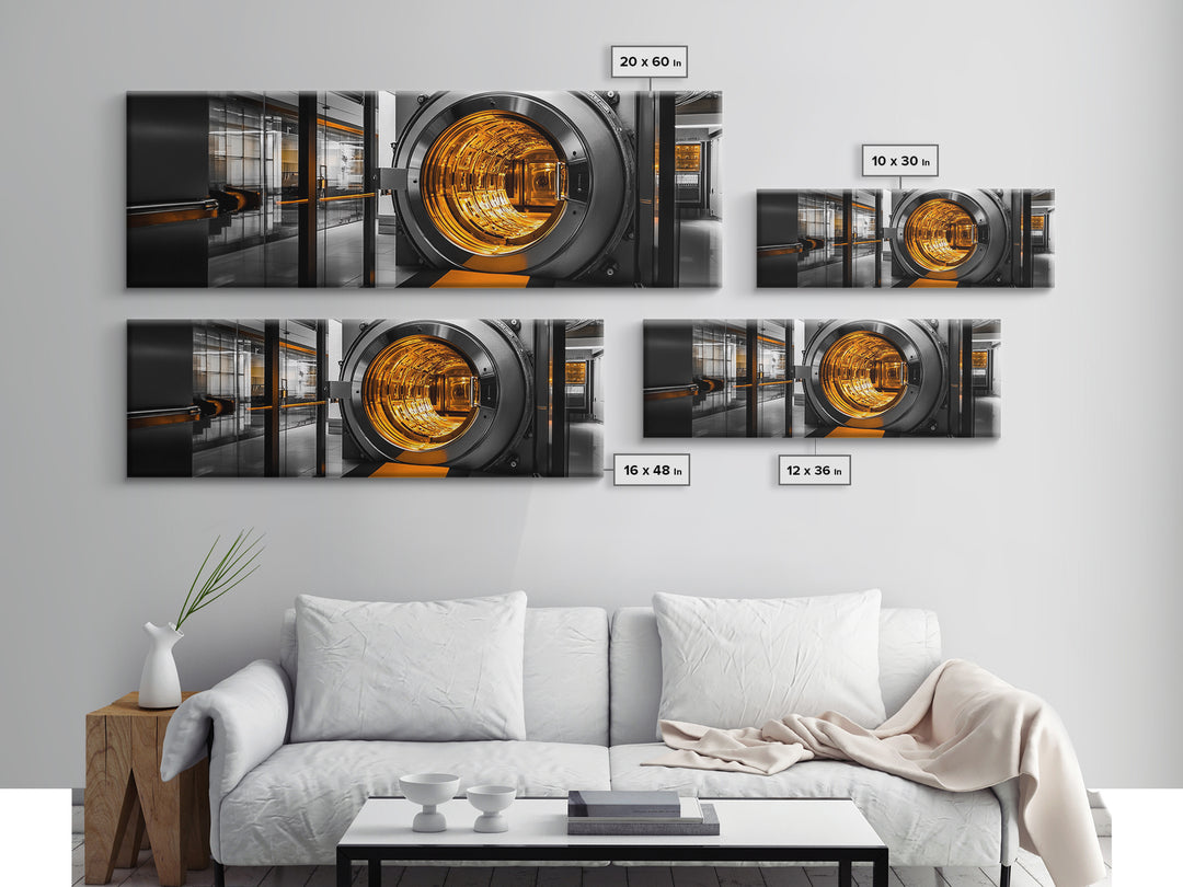 Bank Vault, Futuristic Glow, Industrial Design, Gold Tones, Framed Canvas Print, Office Wall Art, Cyberpunk Decor, Grunge Decor