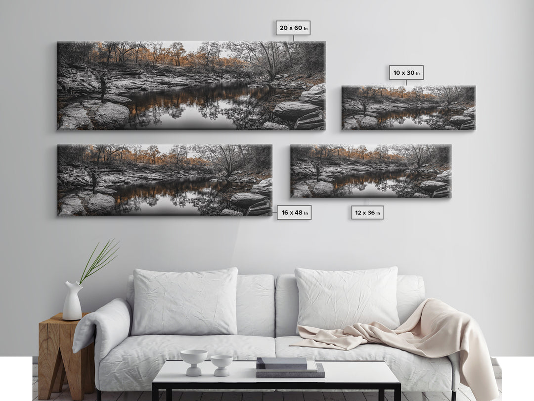 Peaceful Creek View, Fall Foliage Forest, Nature Wall Art, Fishing Scene, Framed Canvas Print, Rustic Home Decor, Autumn Photography