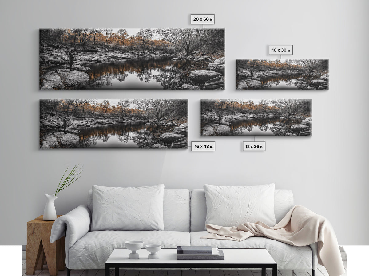 Peaceful Creek View, Fall Foliage Forest, Nature Wall Art, Fishing Scene, Framed Canvas Print, Rustic Home Decor, Autumn Photography