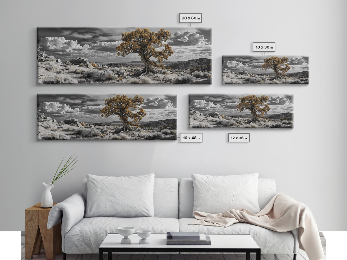Twisted Desert Tree, Rocky Canyon Art, Dramatic Sky Nature Scene, Framed Canvas Print, Rustic Wall Decor, Moody Western Home Aesthetic