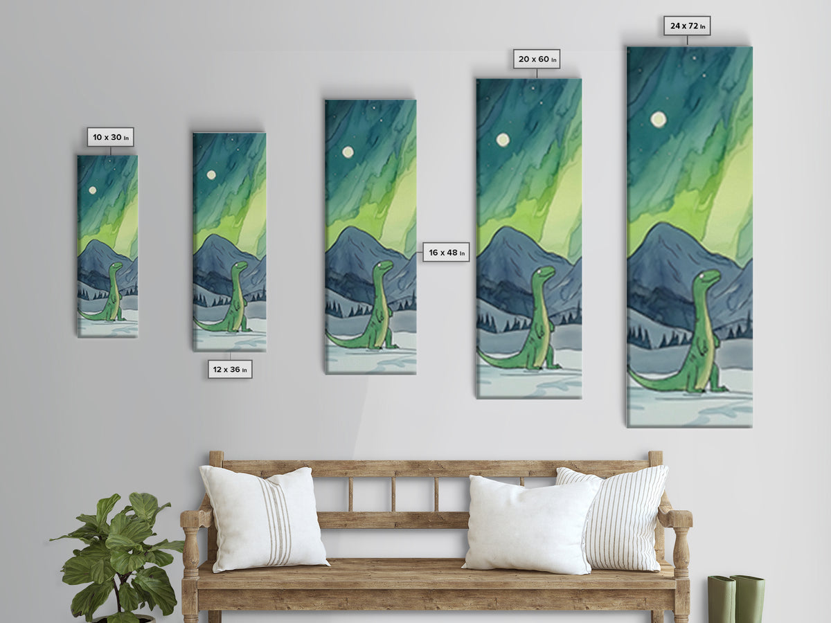 Whimsical Green Dinosaur Under Aurora Wall Art, Kids Room Canvas Print, Northern Lights Nursery Decor, Fantasy Art Gift