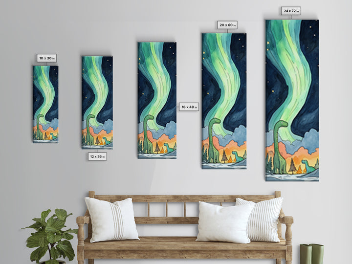 Two Gentle Dinosaurs Beneath Aurora Wall Art, Whimsical Kids Room Canvas Print, Fantasy Nursery Decor, Cute Animal Gift