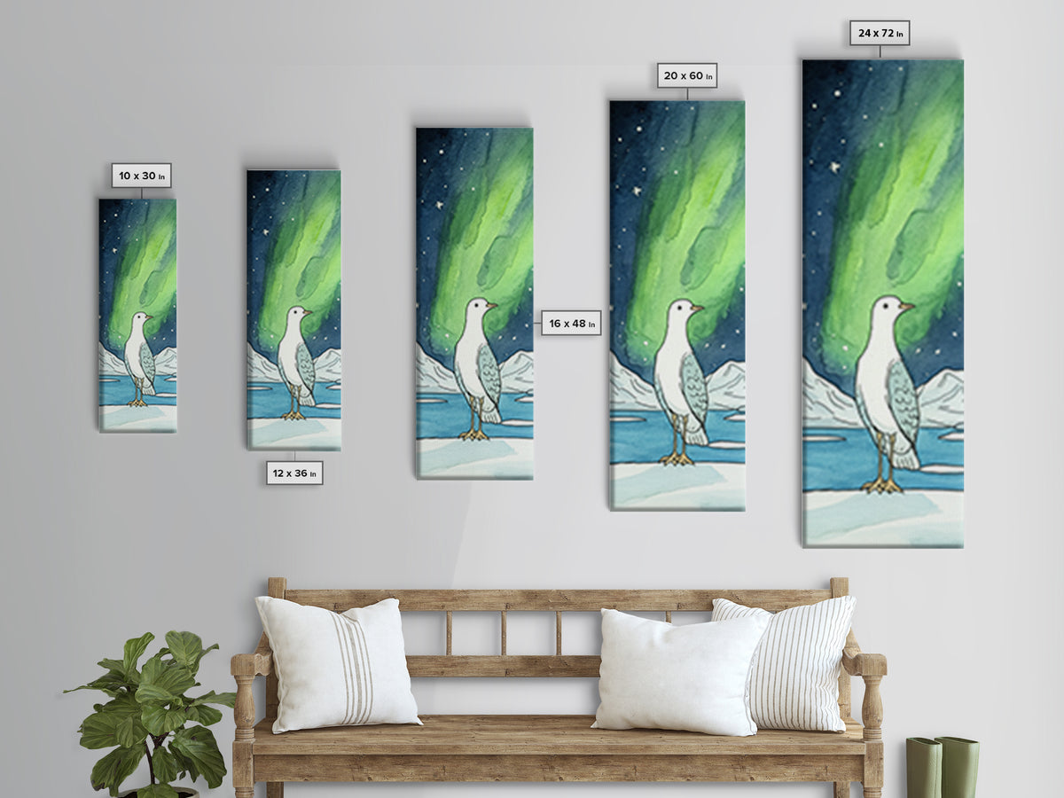 White Seabird In Icy Aurora Landscape Wall Art, Arctic Bird Canvas Print, Coastal Wildlife Decor, Nursery Nature Gift, Art Print