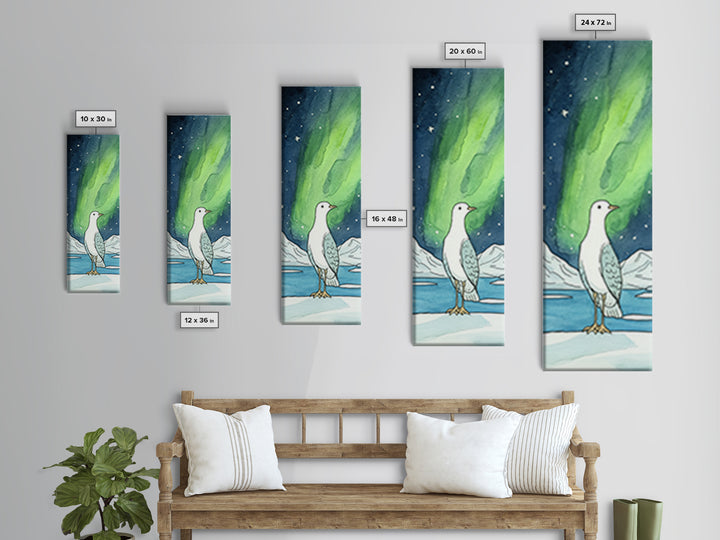 White Seabird In Icy Aurora Landscape Wall Art, Arctic Bird Canvas Print, Coastal Wildlife Decor, Nursery Nature Gift, Art Print