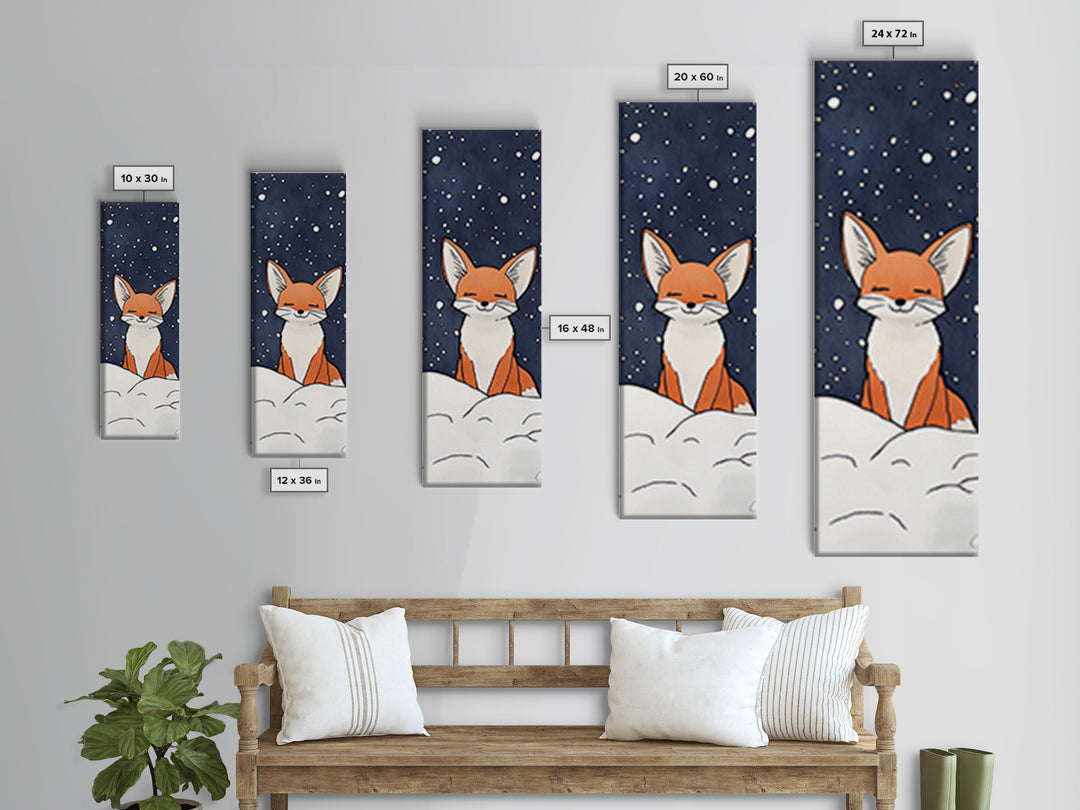 Sleepy Fox In Snowy Night Canvas Print, Whimsical Animal Art, Woodland Nursery Decor, Kids Room Wall Decor, Winter Wall Art