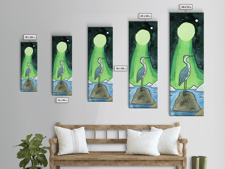 Heron Under Green Aurora Moon Wall Art, Celestial Bird Art Print, Northern Lights Decor, Coastal Wall Decor, Mystical Nature Art
