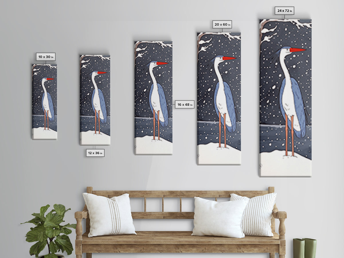 Snowy Heron With Red Beak Framed Canvas Print, Winter Bird Wall Art, Coastal Wall Decor, Animal Art Print, Nature Decor, Gift
