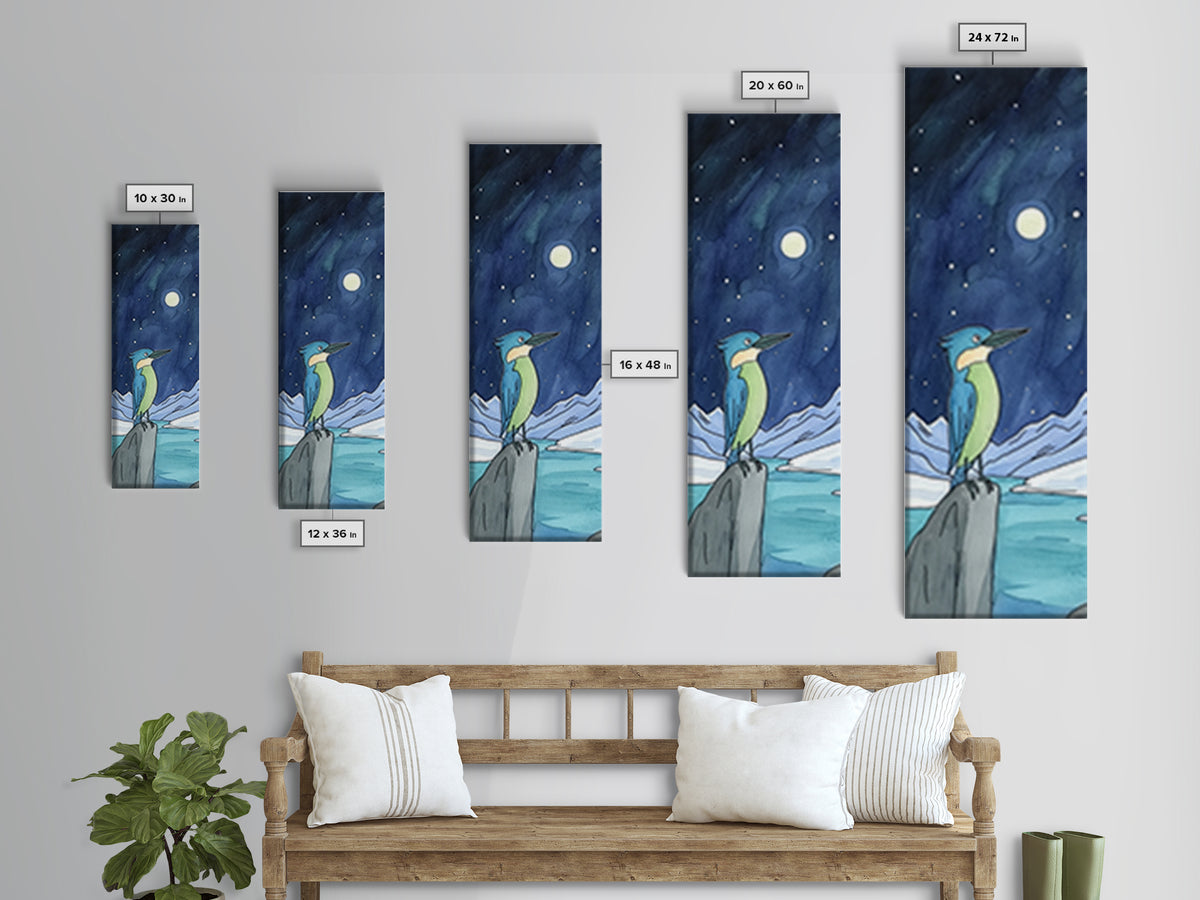 Moonlit Kingfisher On Arctic Ice Wall Art, Whimsical Bird Print, Celestial Night Sky Decor, Kids Room Art Gift, Nursery Decor