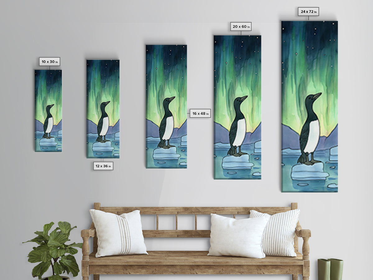 Penguin Under Northern Lights Wall Art, Aurora Night Sky Canvas Print, Whimsical Polar Animal Decor, Nursery Gift, Kids Room