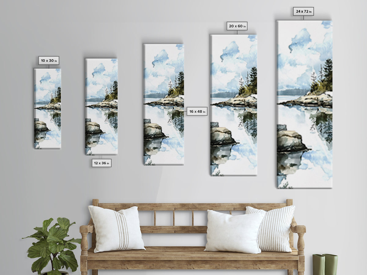 Quiet Rocky Lake And Pine Reflection Framed Canvas Print, Watercolor Landscape Wall Art, Nature Decor, Living Room Art Print