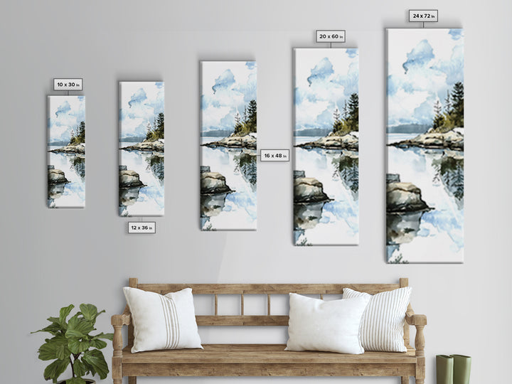 Quiet Rocky Lake And Pine Reflection Framed Canvas Print, Watercolor Landscape Wall Art, Nature Decor, Living Room Art Print