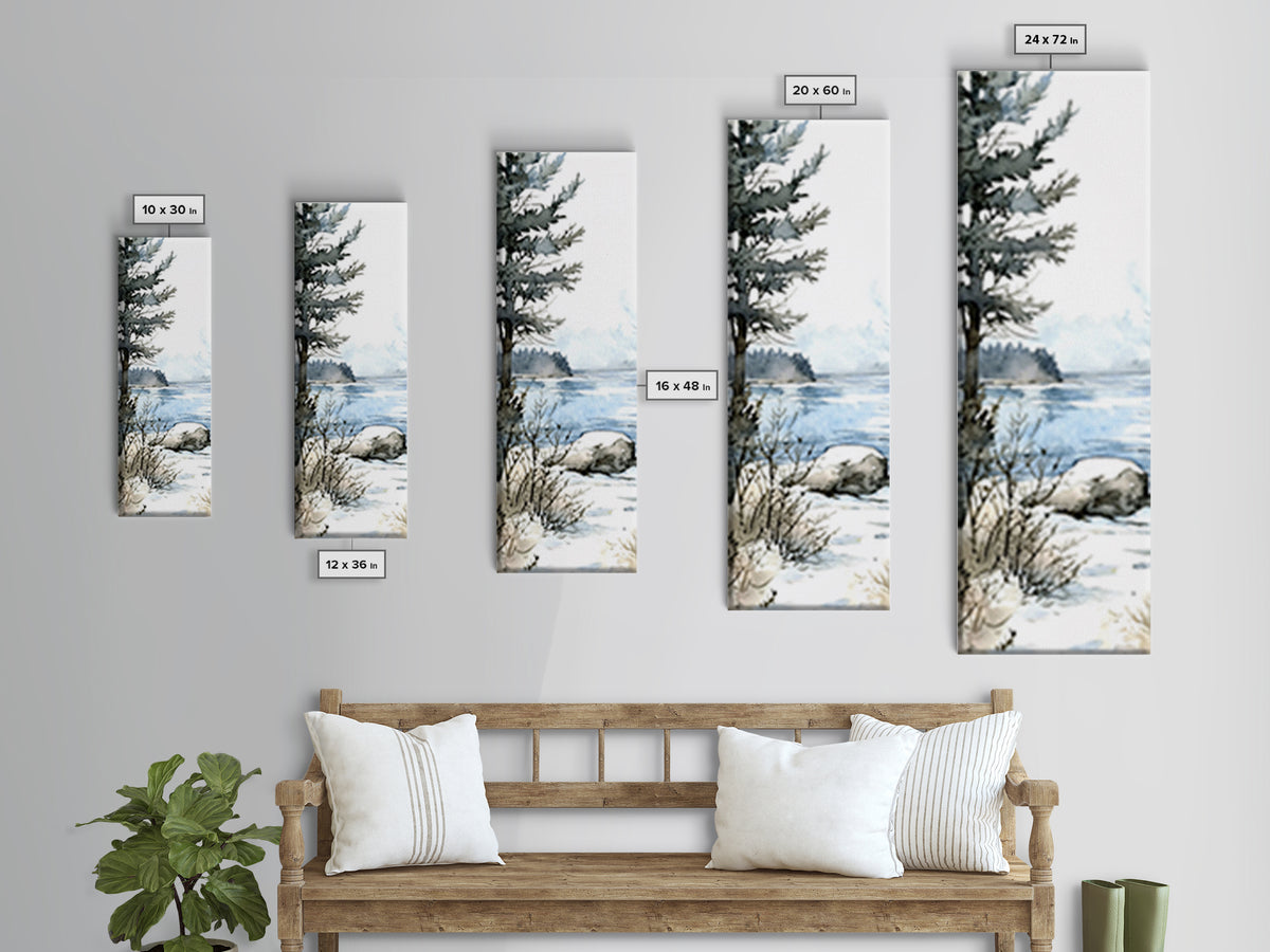 Pine Tree By Frozen Lake Framed Canvas Print, Winter Coastal Landscape Wall Art, Cabin Decor, Scandinavian Wall Decor Gift