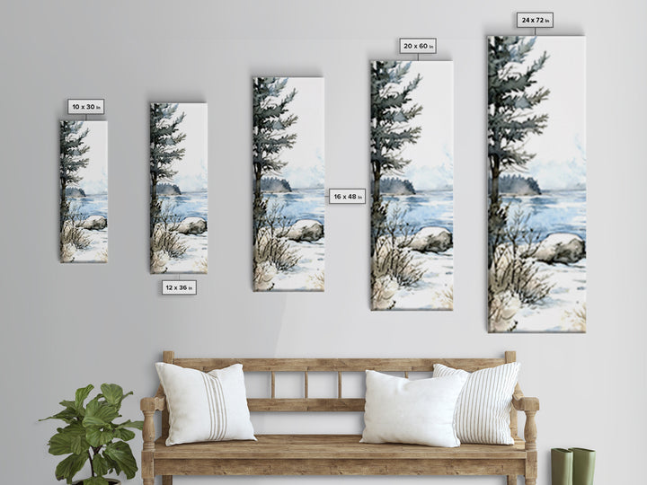 Pine Tree By Frozen Lake Framed Canvas Print, Winter Coastal Landscape Wall Art, Cabin Decor, Scandinavian Wall Decor Gift