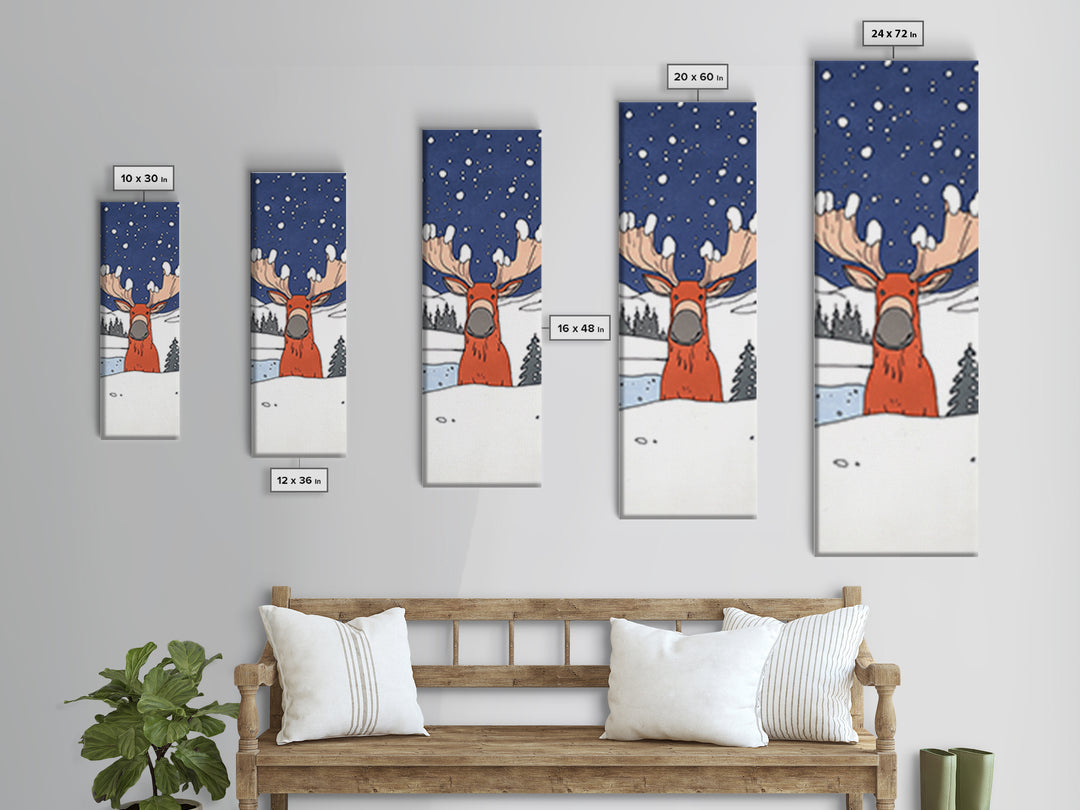 Whimsical Moose In Snow Wall Art, Cute Animal Print For Nursery Decor, Winter Woodland Kids Room Decor, Housewarming Gift