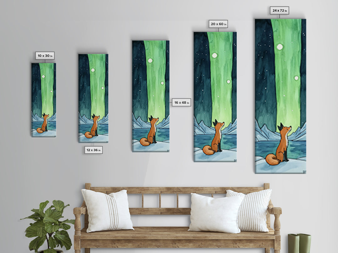 Fox Watching Northern Lights Canvas Print Arctic Landscape Wall Art, Celestial Animal Decor, Cozy Kids Room Nursery Gift