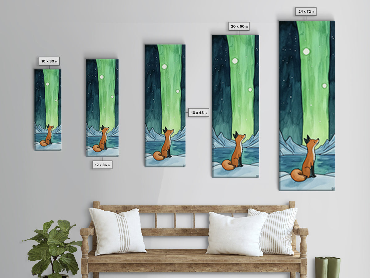 Fox Watching Northern Lights Canvas Print Arctic Landscape Wall Art, Celestial Animal Decor, Cozy Kids Room Nursery Gift