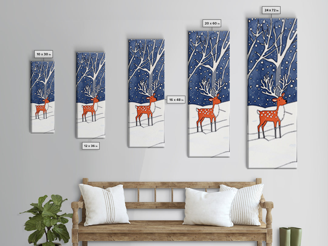 Red Reindeer In Snowy Forest Wall Art, Whimsical Winter Woodland Nursery Decor, Christmas Gift, Kids Room Wall Decor For Baby